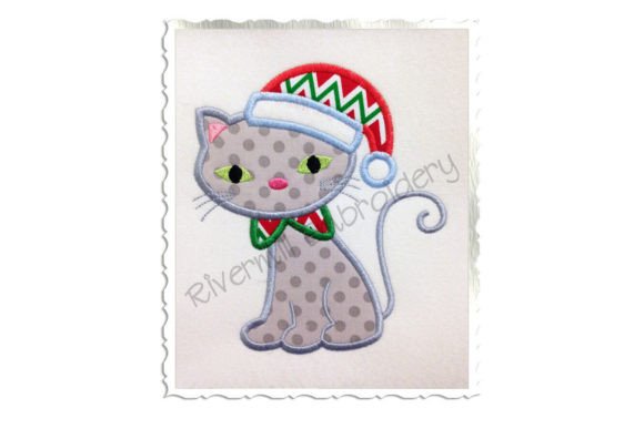 Applique Cat with Santa Hat Embroidery