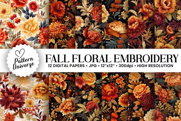 Fall Embroidery Flowers Digital Papers