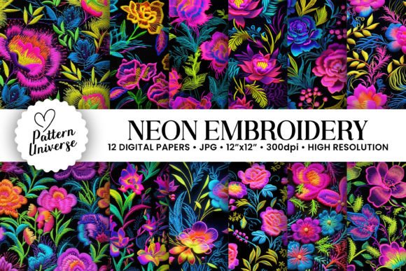 Neon Embroidery Flowers Digital Papers